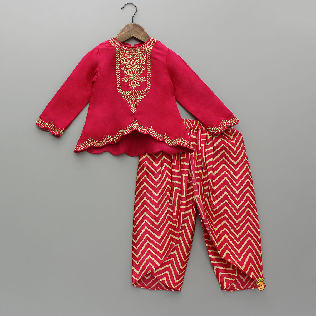 Pre Order: Pink Embroidered High-Low Top With Printed Dhoti