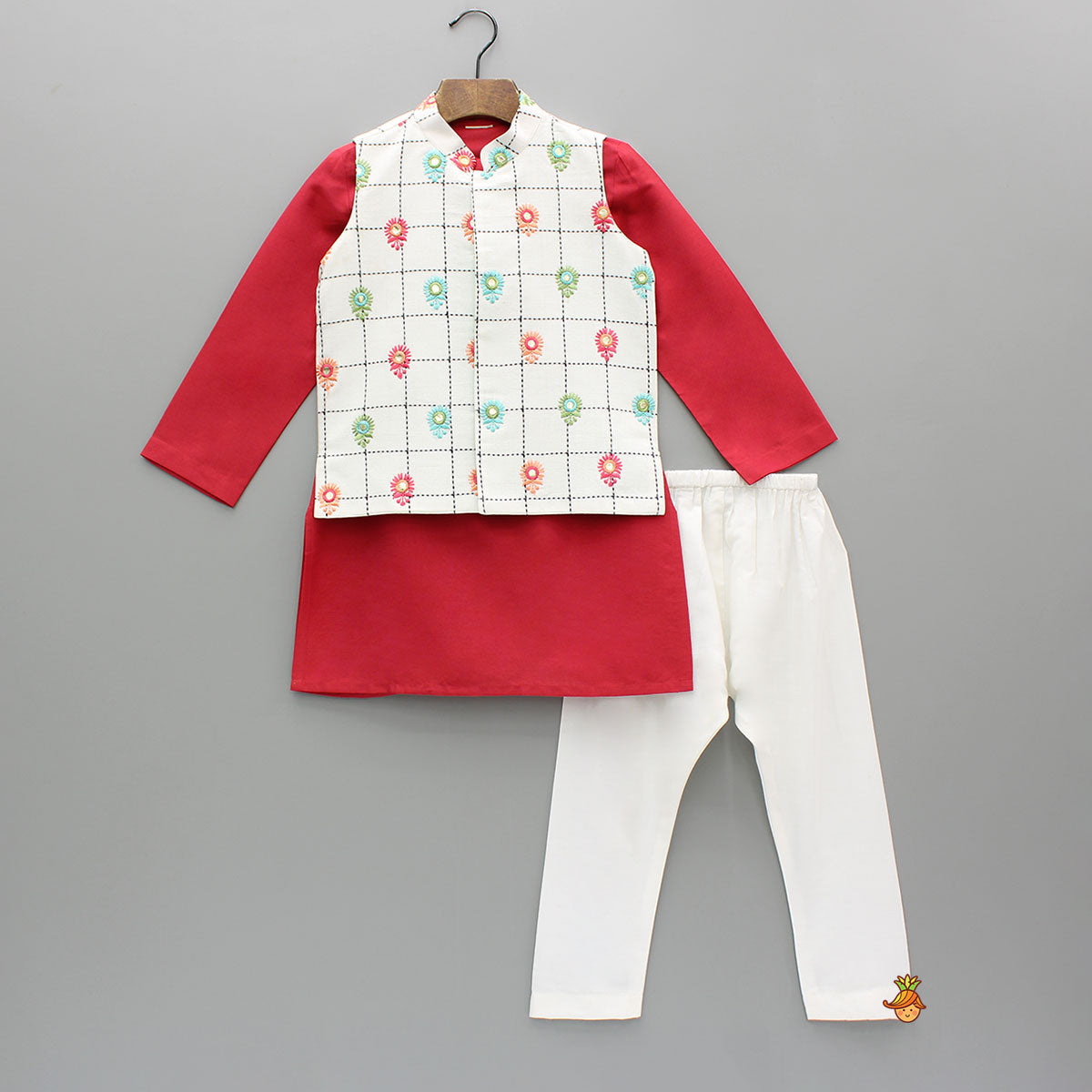 Pre Order: Red Kurta With Multicolor Embroidered Jacket And Pyjama