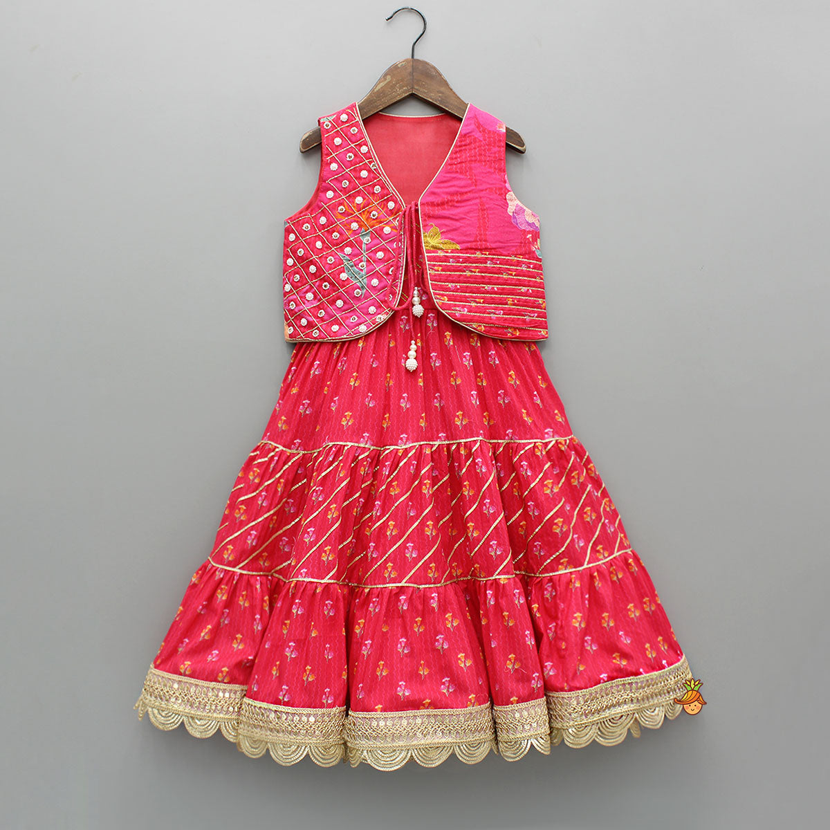 Pre Order: Pink Printed And Embellished Strappy Kurti With Embroidered Jacket