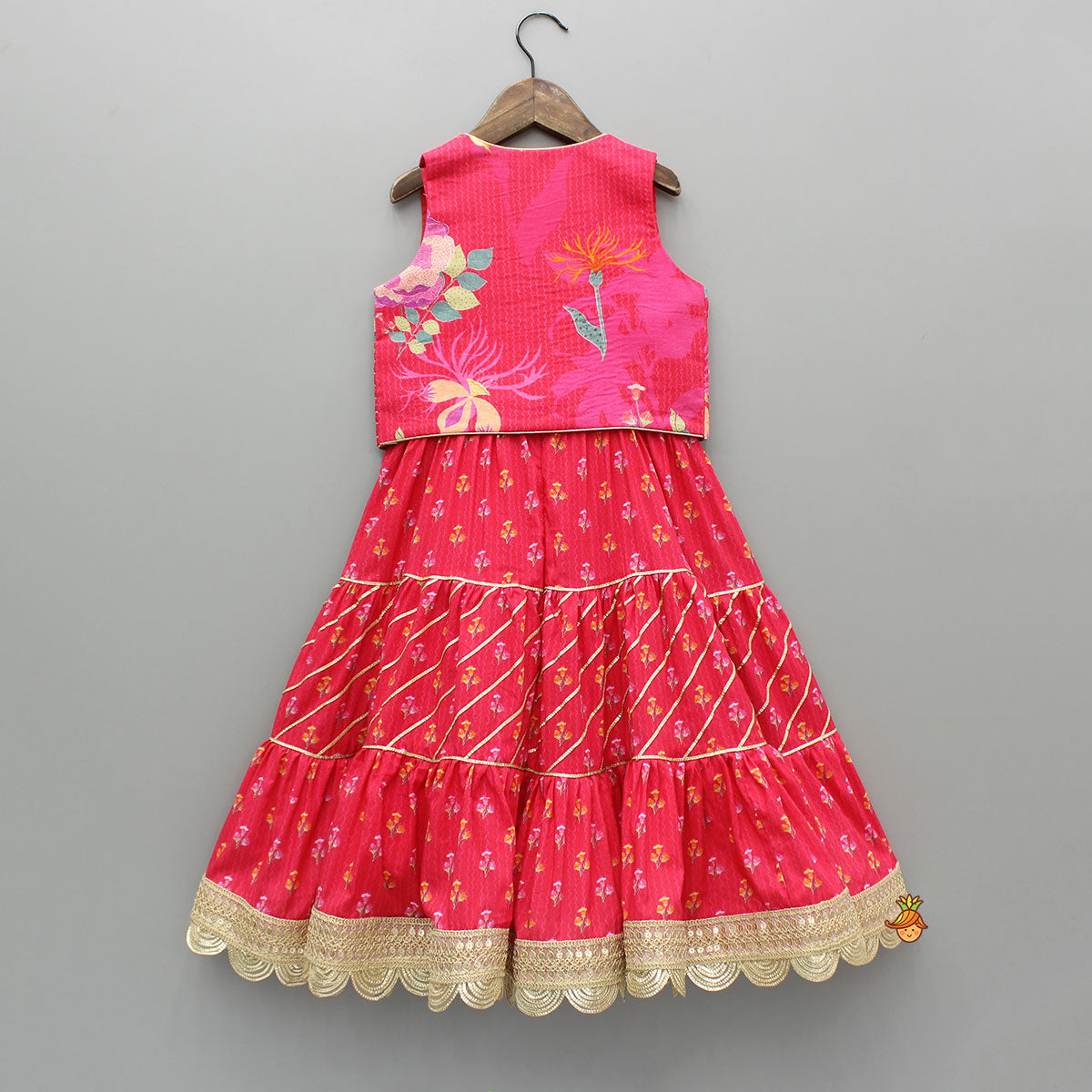 Pre Order: Pink Printed And Embellished Strappy Kurti With Embroidered Jacket