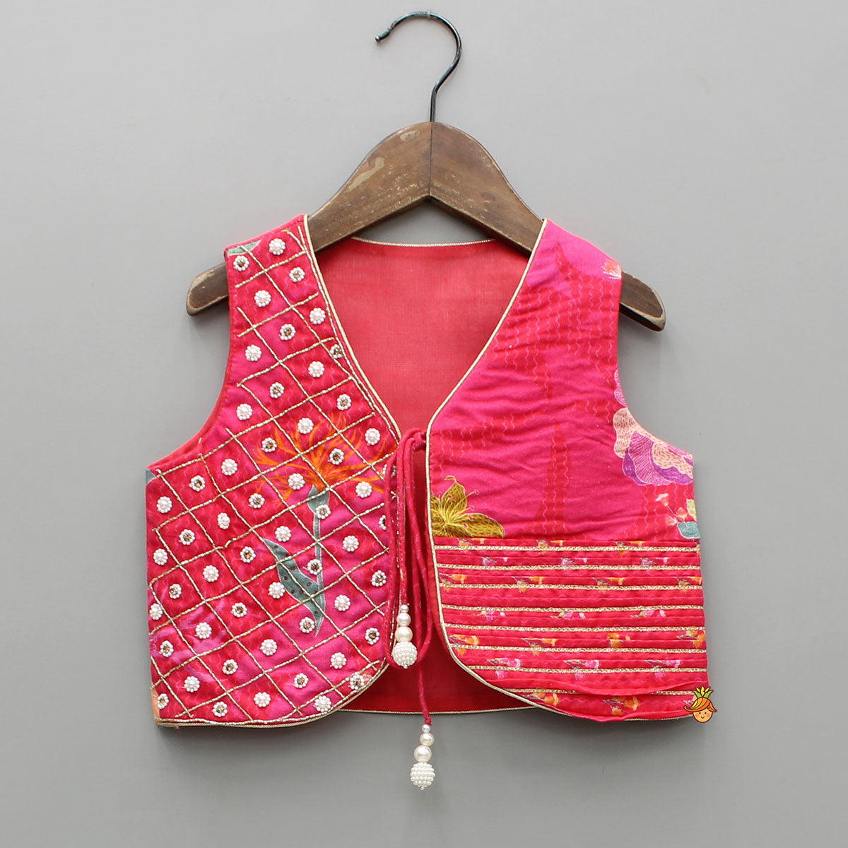 Pre Order: Pink Printed And Embellished Strappy Kurti With Embroidered Jacket