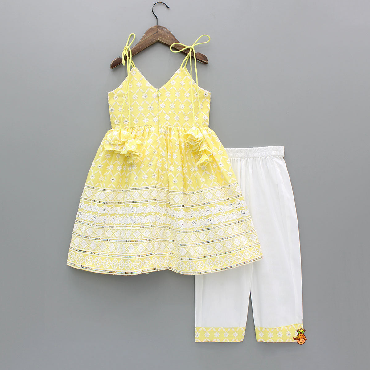 Strappy V Neck Embroidered Yellow Kurti And Pant With Sling Bag