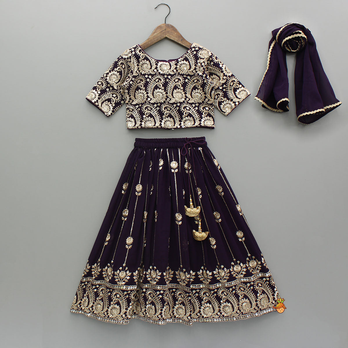 Georgette Zari-Embroidered Wine Top And Lehenga With Matching Dupatta