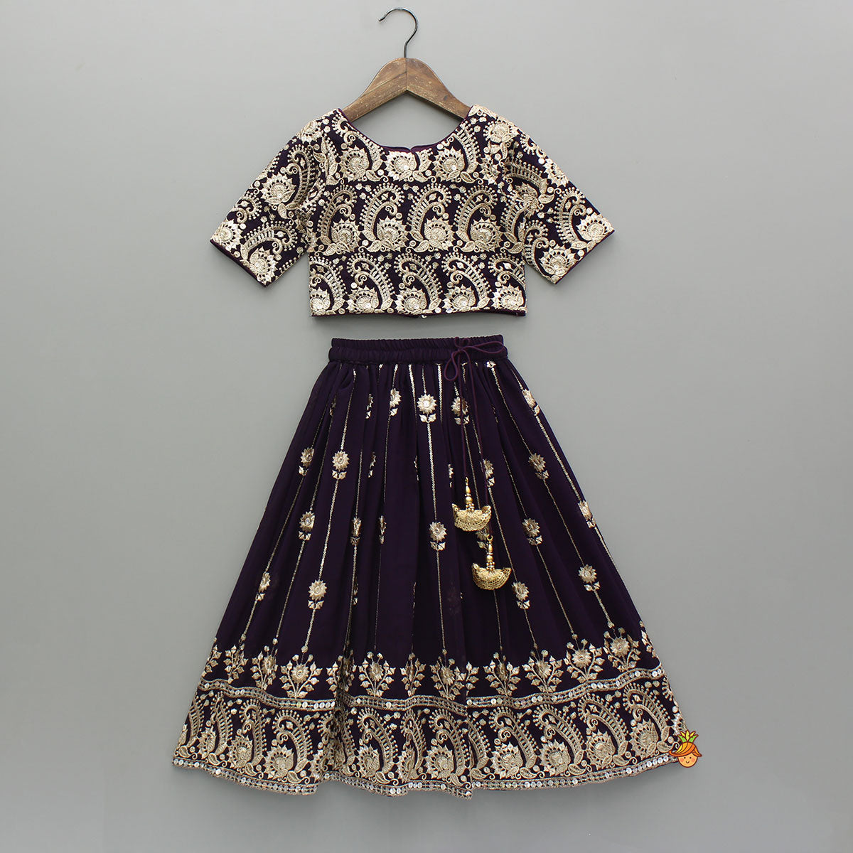 Georgette Zari-Embroidered Wine Top And Lehenga With Matching Dupatta