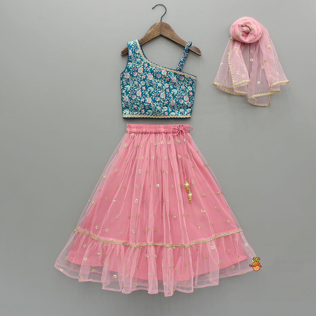 Teal Floral One-Shoulder Top With Pink Net Skirt And Dupatta