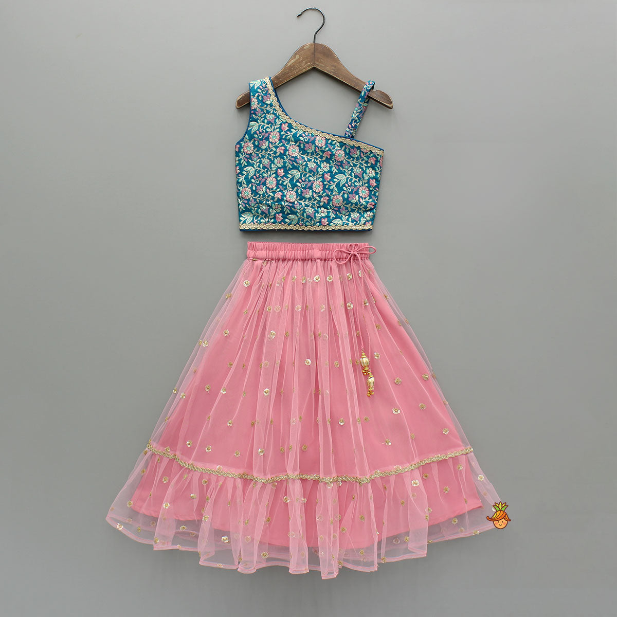 Teal Floral One-Shoulder Top With Pink Net Skirt And Dupatta