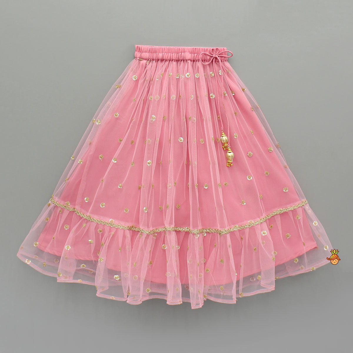 Teal Floral One-Shoulder Top With Pink Net Skirt And Dupatta