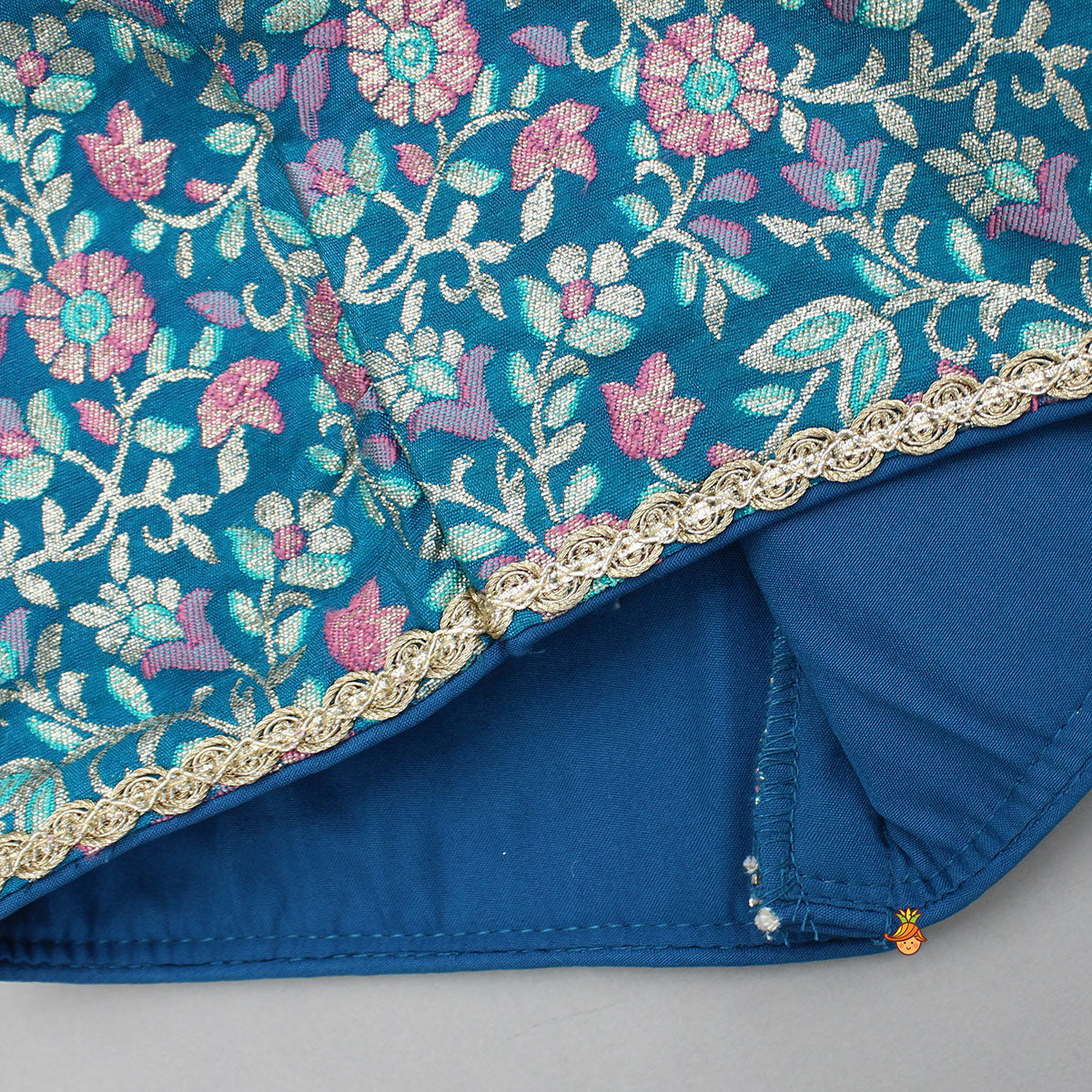 Teal Floral One-Shoulder Top With Pink Net Skirt And Dupatta
