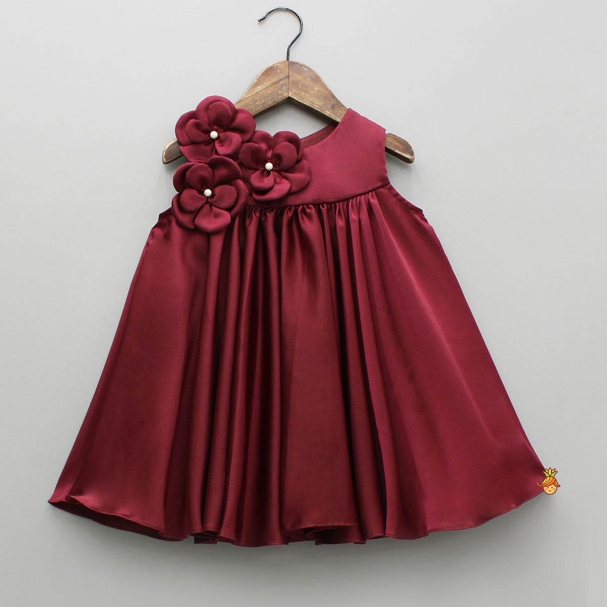 Maroon Flared Dress With Floral Embellishments