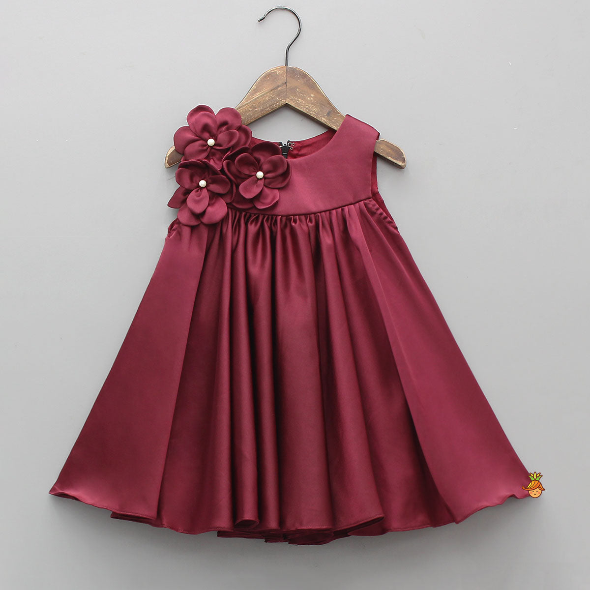 Maroon Flared Dress With Floral Embellishments