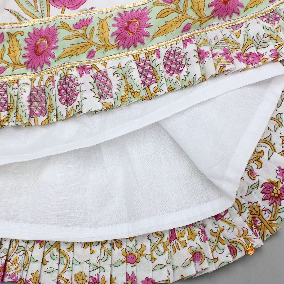 Floral Block Print Top With Lehenga And Dupatta