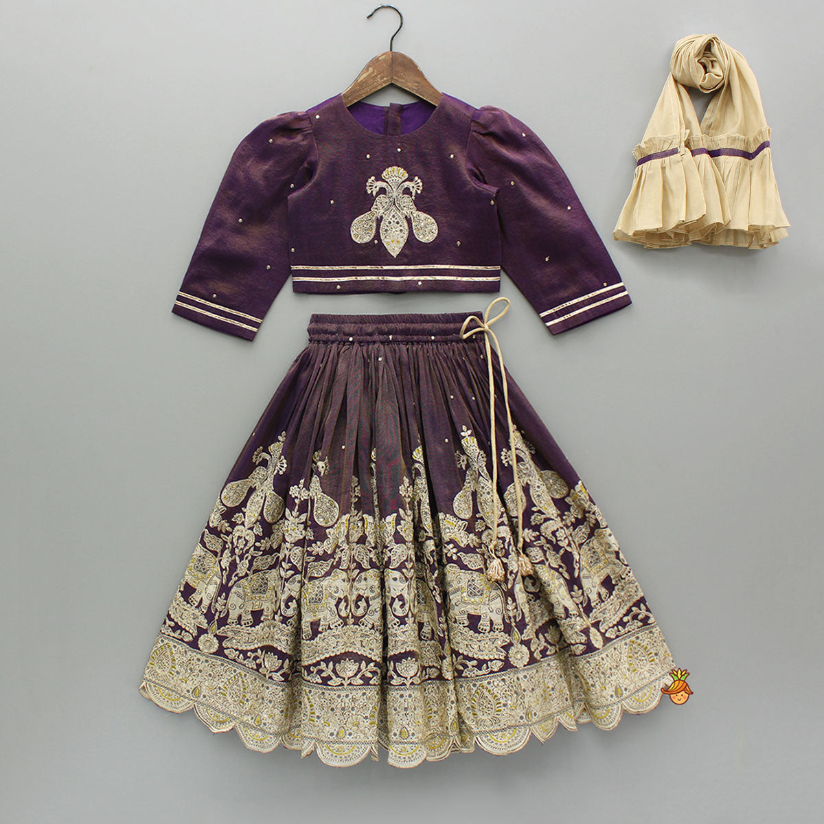 Pre Order: Purple Yoke-Embroidered Shimmery Top And Lehenga With Dupatta