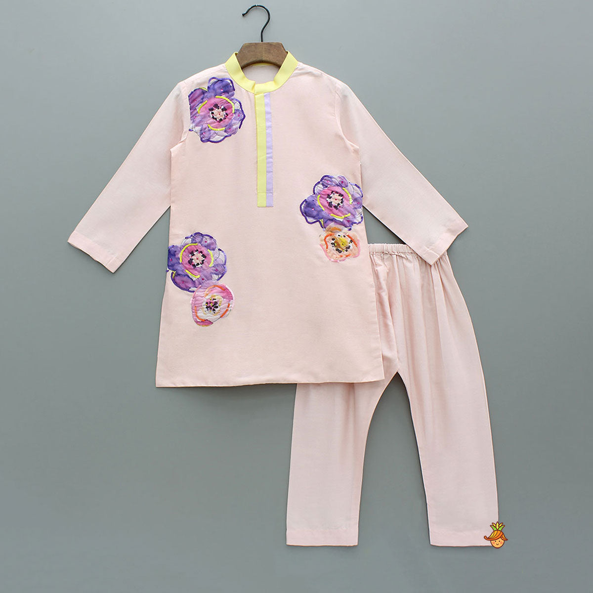 Pre Order: Kurta With Printed Embroidered Applique And Pyjama