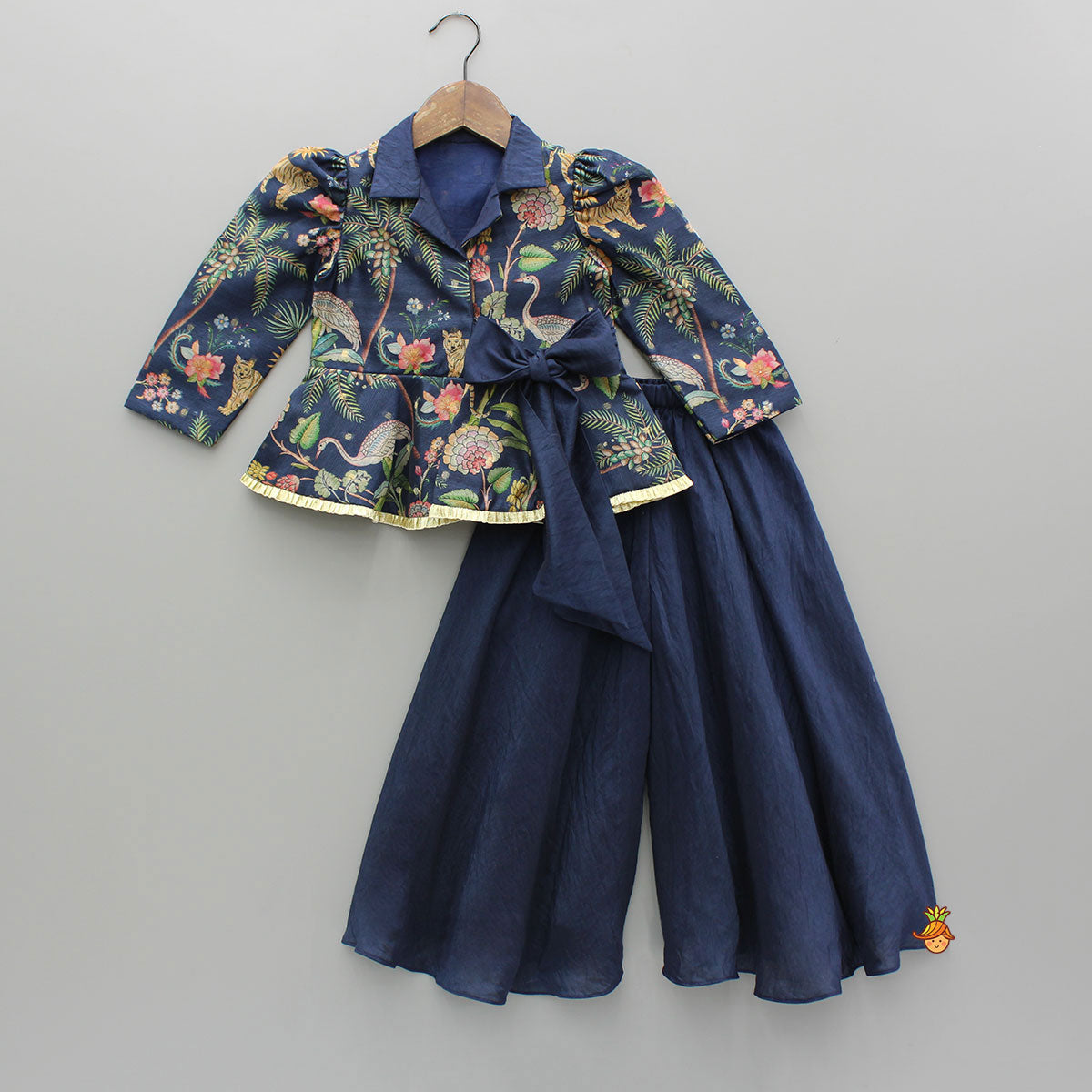 Pre Order: Multicolour Printed Jacket Style Peplum Top And Flared Palazzo