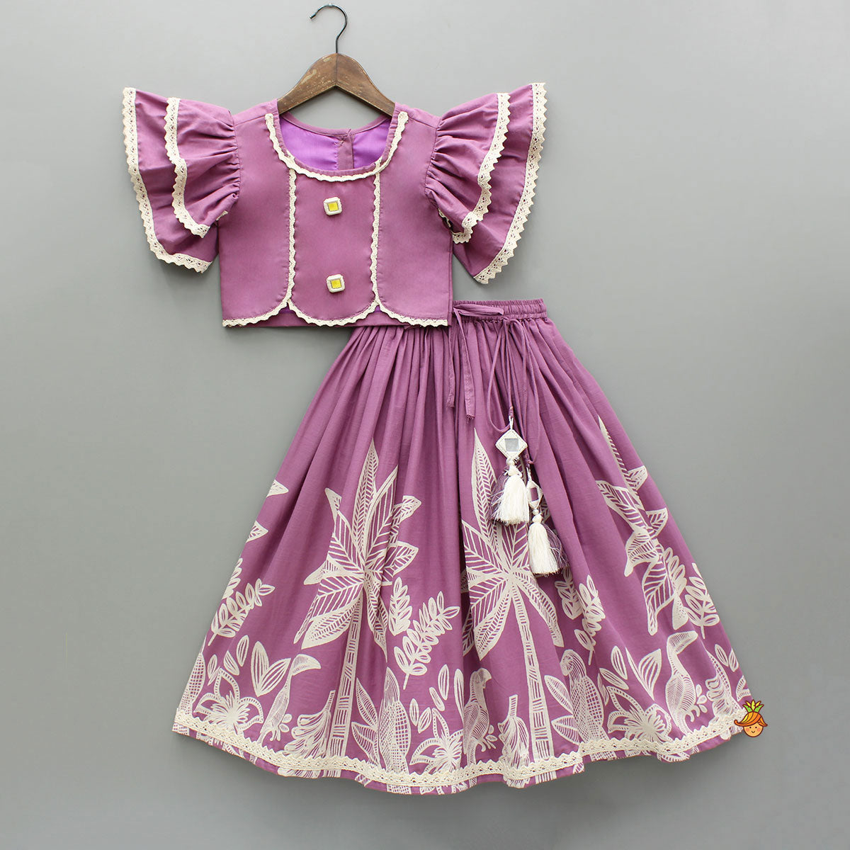 Pre Order: Purple Printed Top And Lehenga