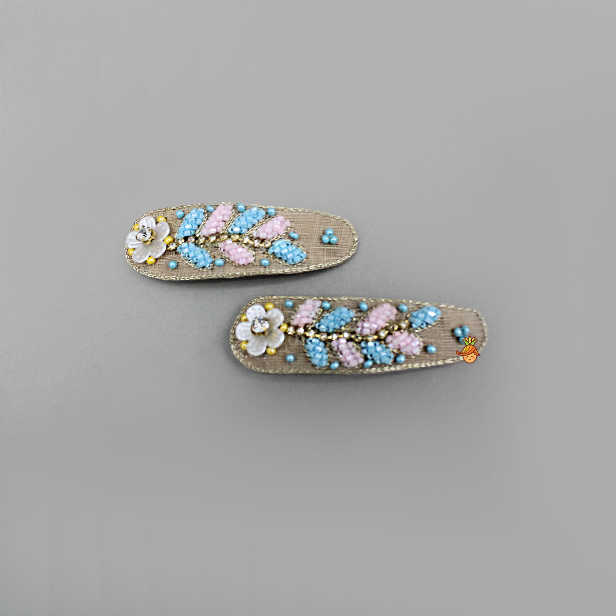 Pink Blue Embroidered Floral Hair Clips