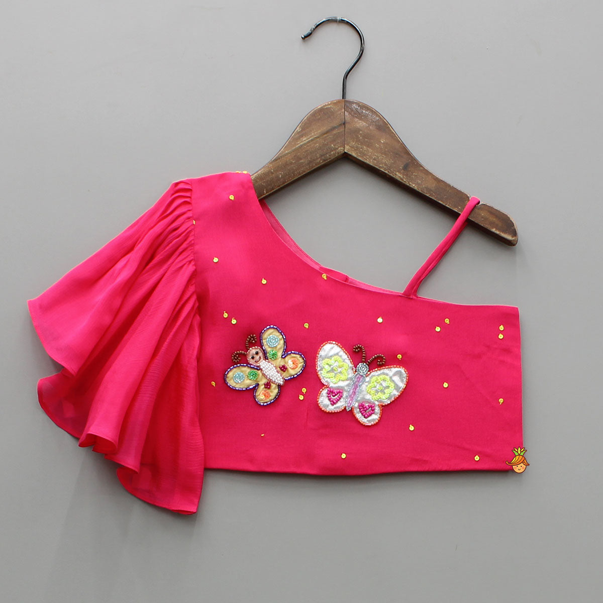 Pre Order: Pink Embroidered One Shoulder Top And Lehenga With Dupatta