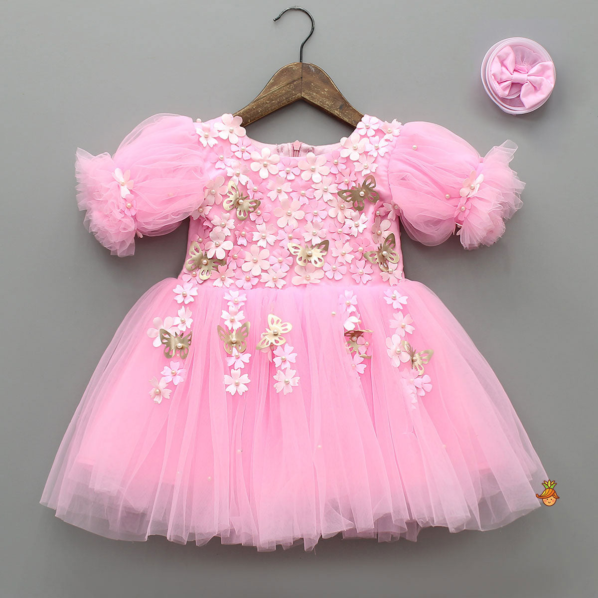 Pink Embellished Dress With Butterfly Wings And Swirled Bow Hairclip
