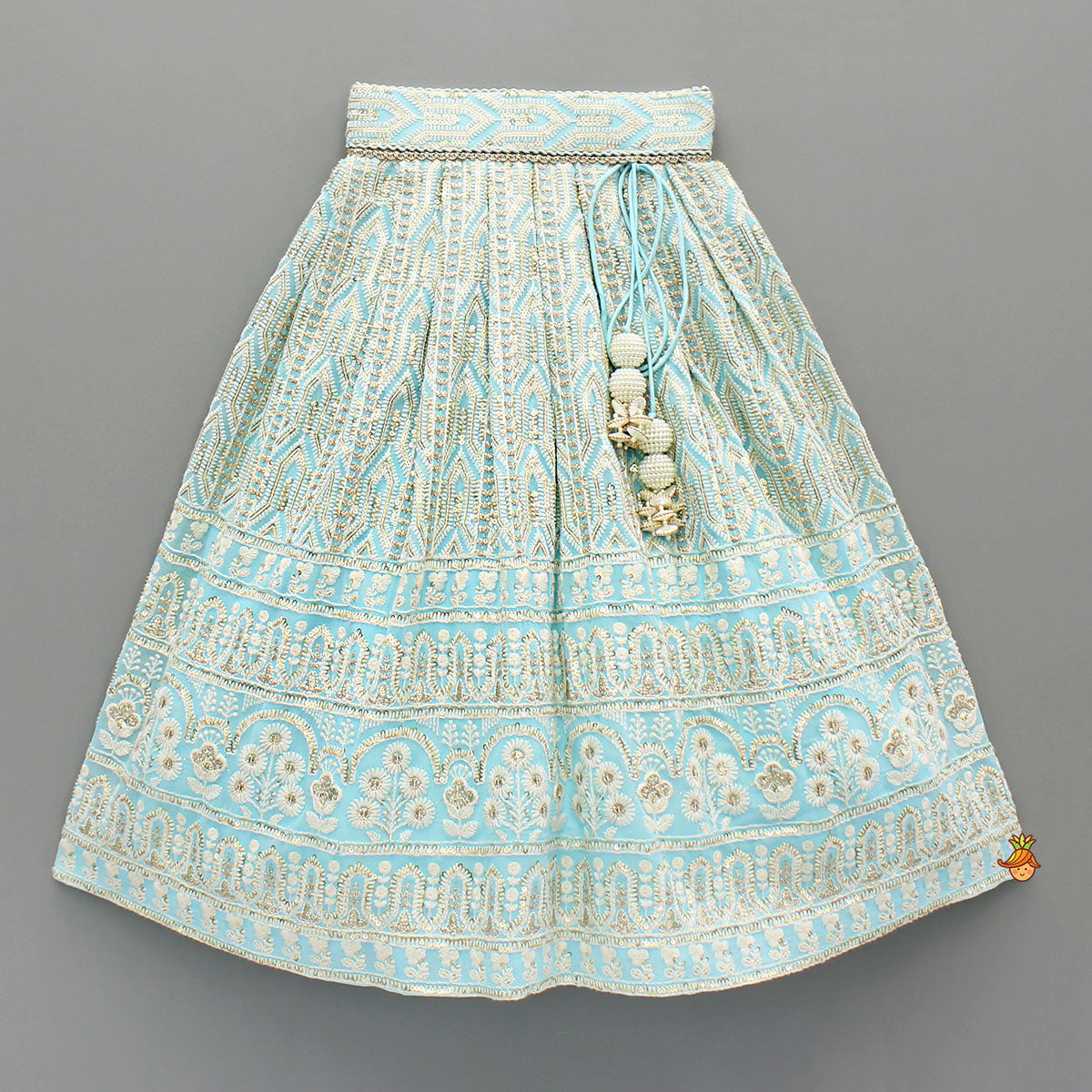 Pre Order: Blue Embroidered Top And Lehenga With Dupatta And Matching Potli Bag
