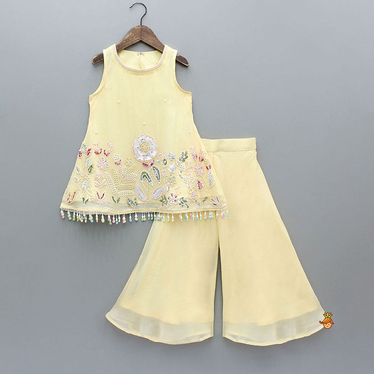 Pre Order: Yellow Sleeveless Floral Embroidered Kurti With Flared Palazzo And Dupatta