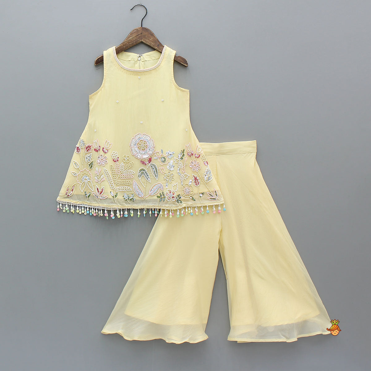 Pre Order: Yellow Sleeveless Floral Embroidered Kurti With Flared Palazzo And Dupatta