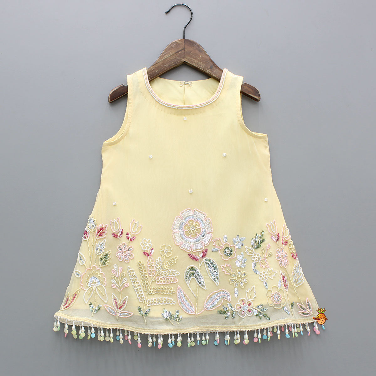 Pre Order: Yellow Sleeveless Floral Embroidered Kurti With Flared Palazzo And Dupatta
