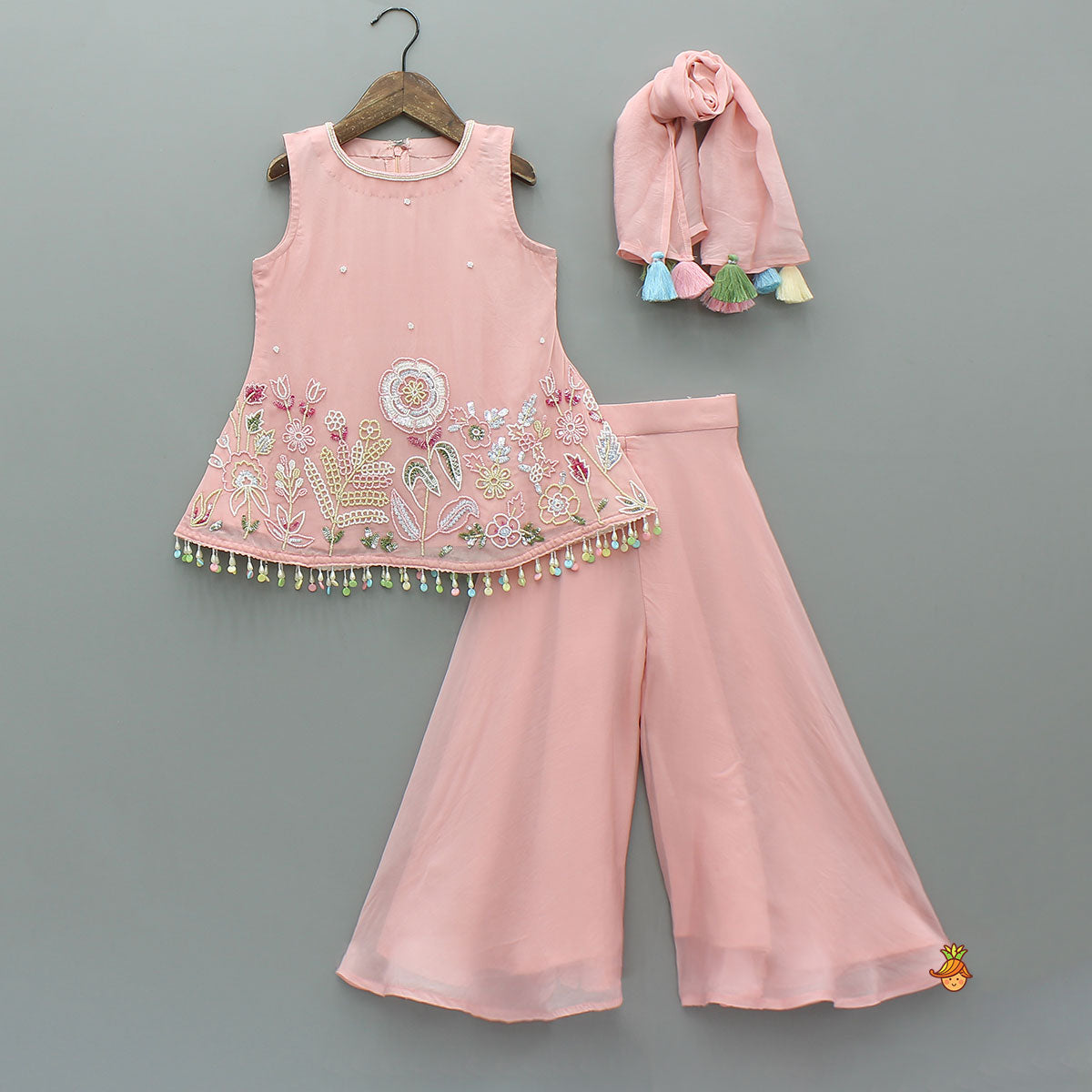 Pre Order: Pink Sleeveless Floral Embroidered Kurti With Flared Palazzo And Dupatta