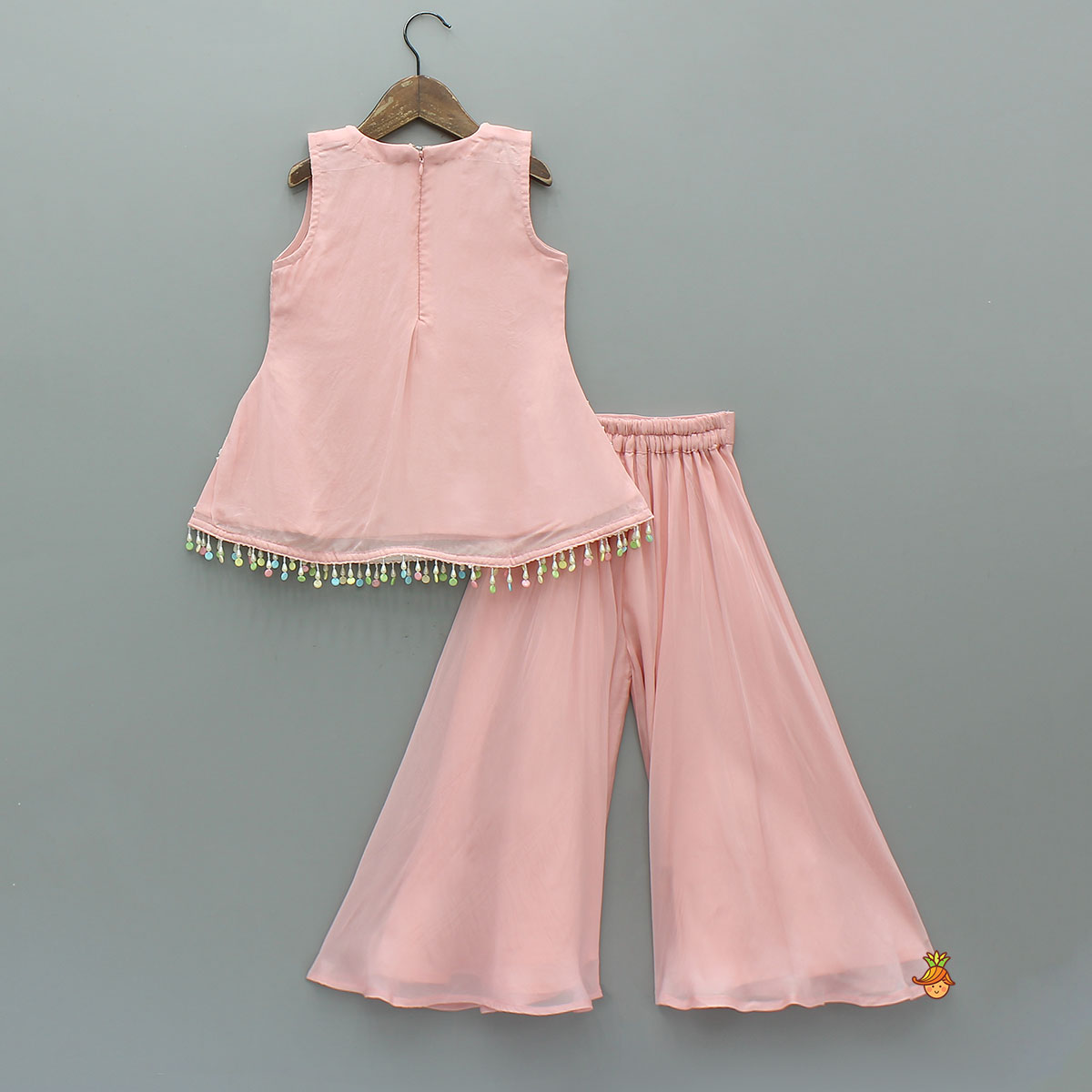 Pre Order: Pink Sleeveless Floral Embroidered Kurti With Flared Palazzo And Dupatta