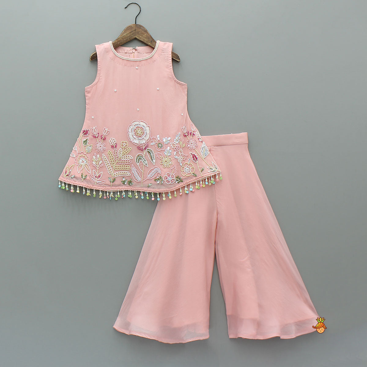 Pre Order: Pink Sleeveless Floral Embroidered Kurti With Flared Palazzo And Dupatta