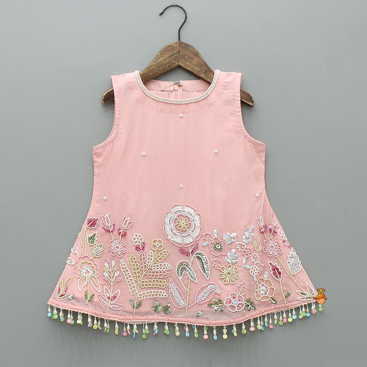 Pre Order: Pink Sleeveless Floral Embroidered Kurti With Flared Palazzo And Dupatta