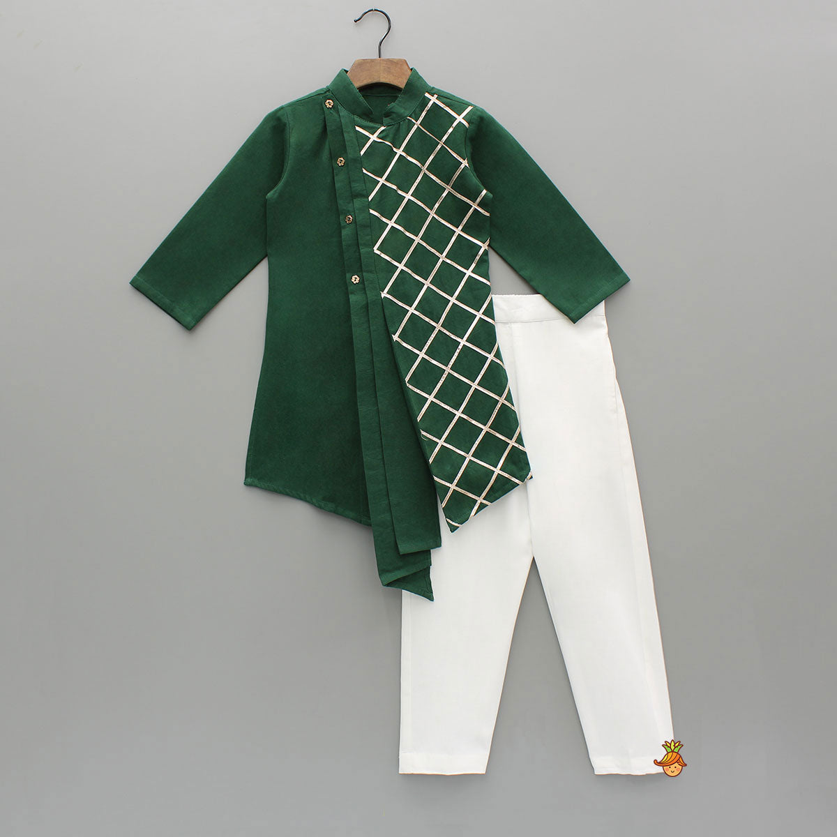 Pre Order: Green Pleated Asymmetric Stylish Kurta With Pant