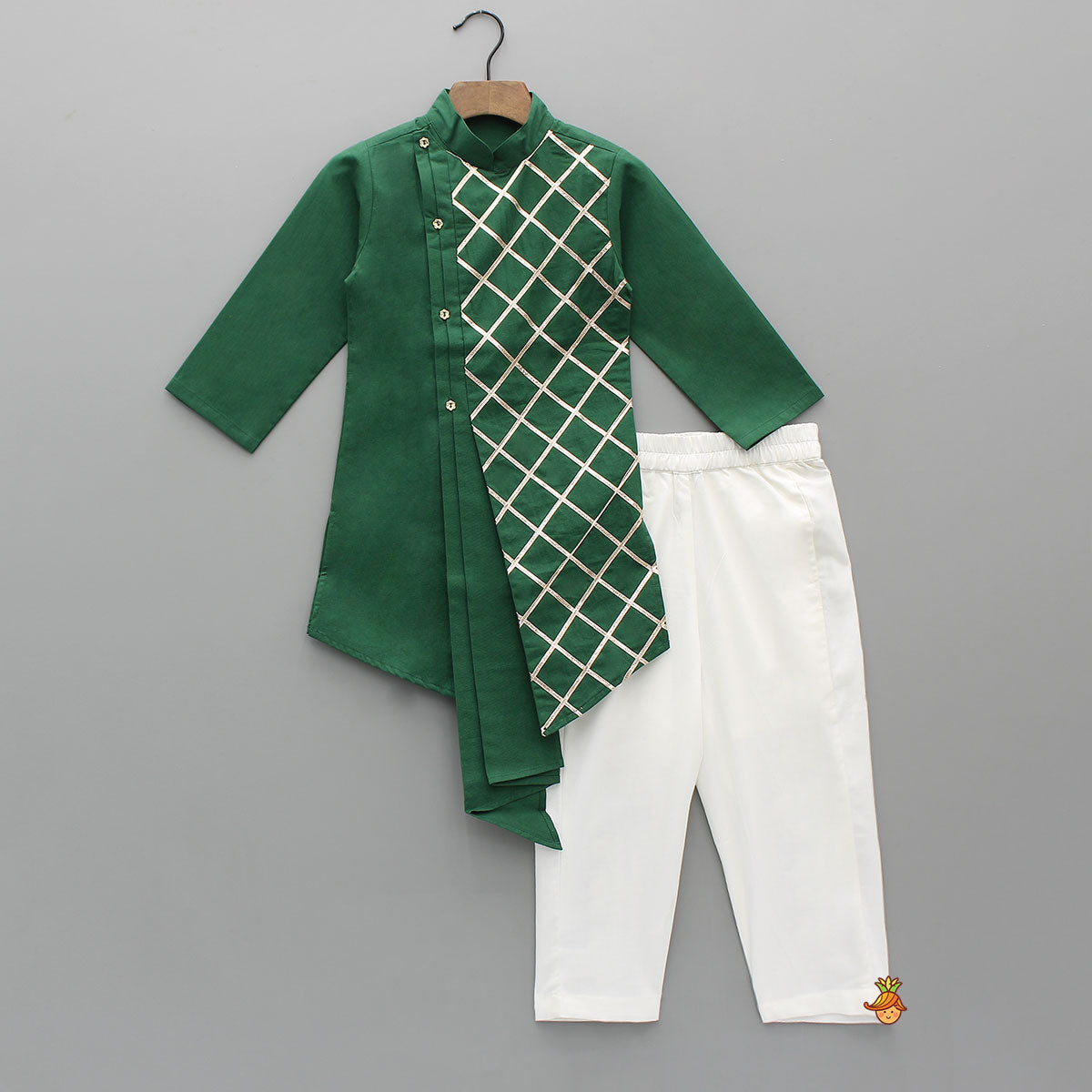 Pre Order: Green Pleated Asymmetric Stylish Kurta With Pant