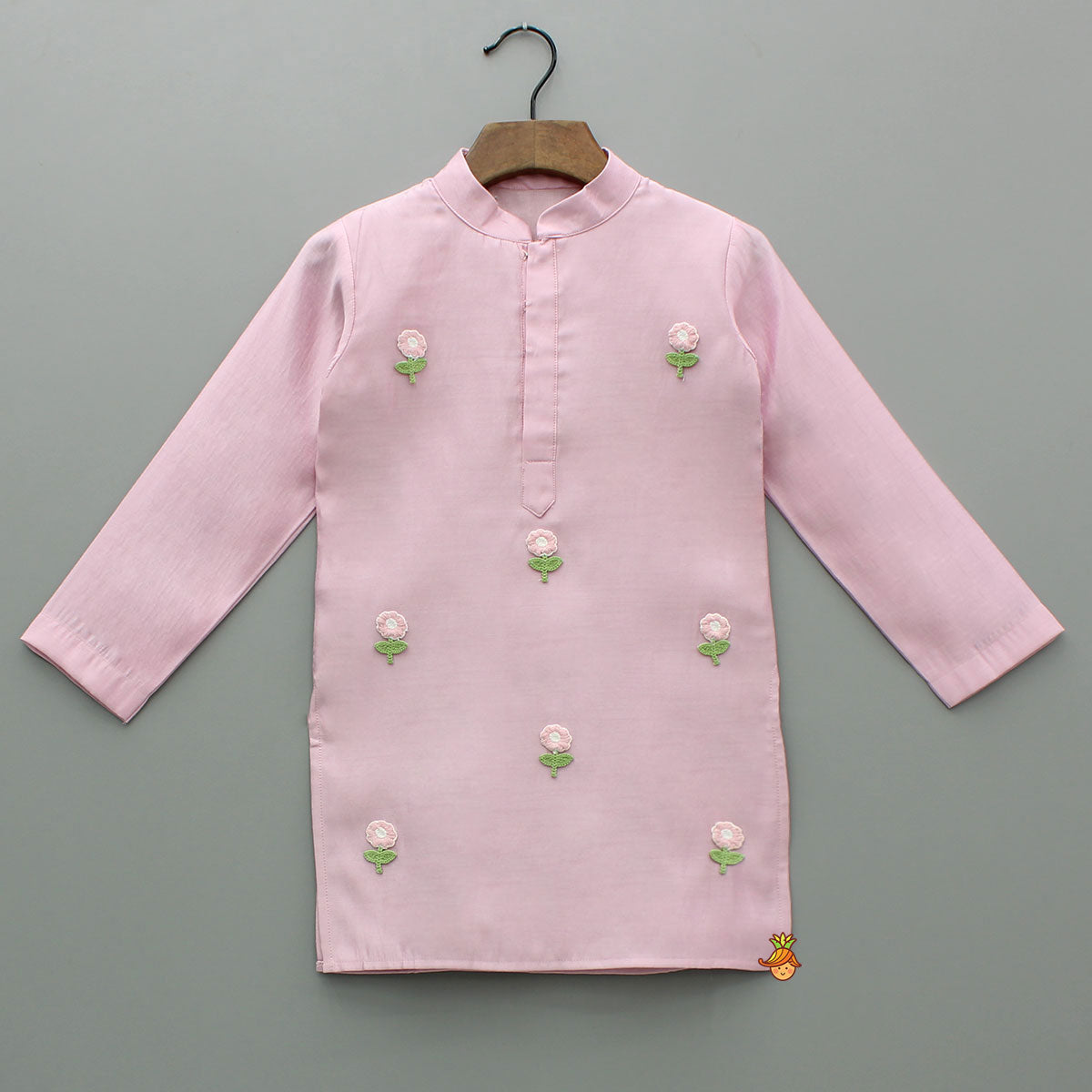 Pre Order: Pink Kurta With Embroidered Flower Applique And Pant