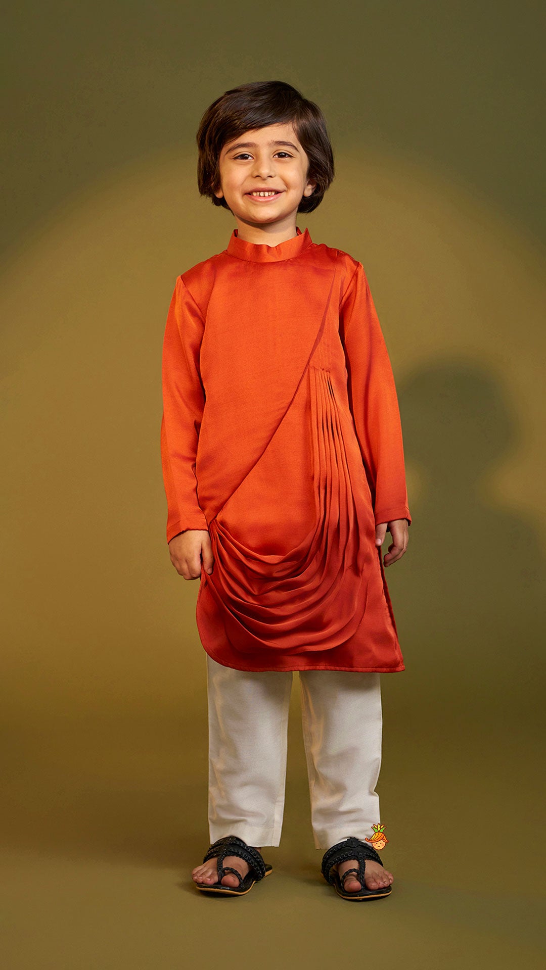 Pre Order: Rust Flap Kurta With Pleated Drape Detailing And Pant