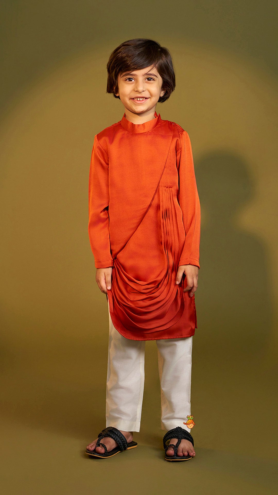 Pre Order: Rust Flap Kurta With Pleated Drape Detailing And Pant