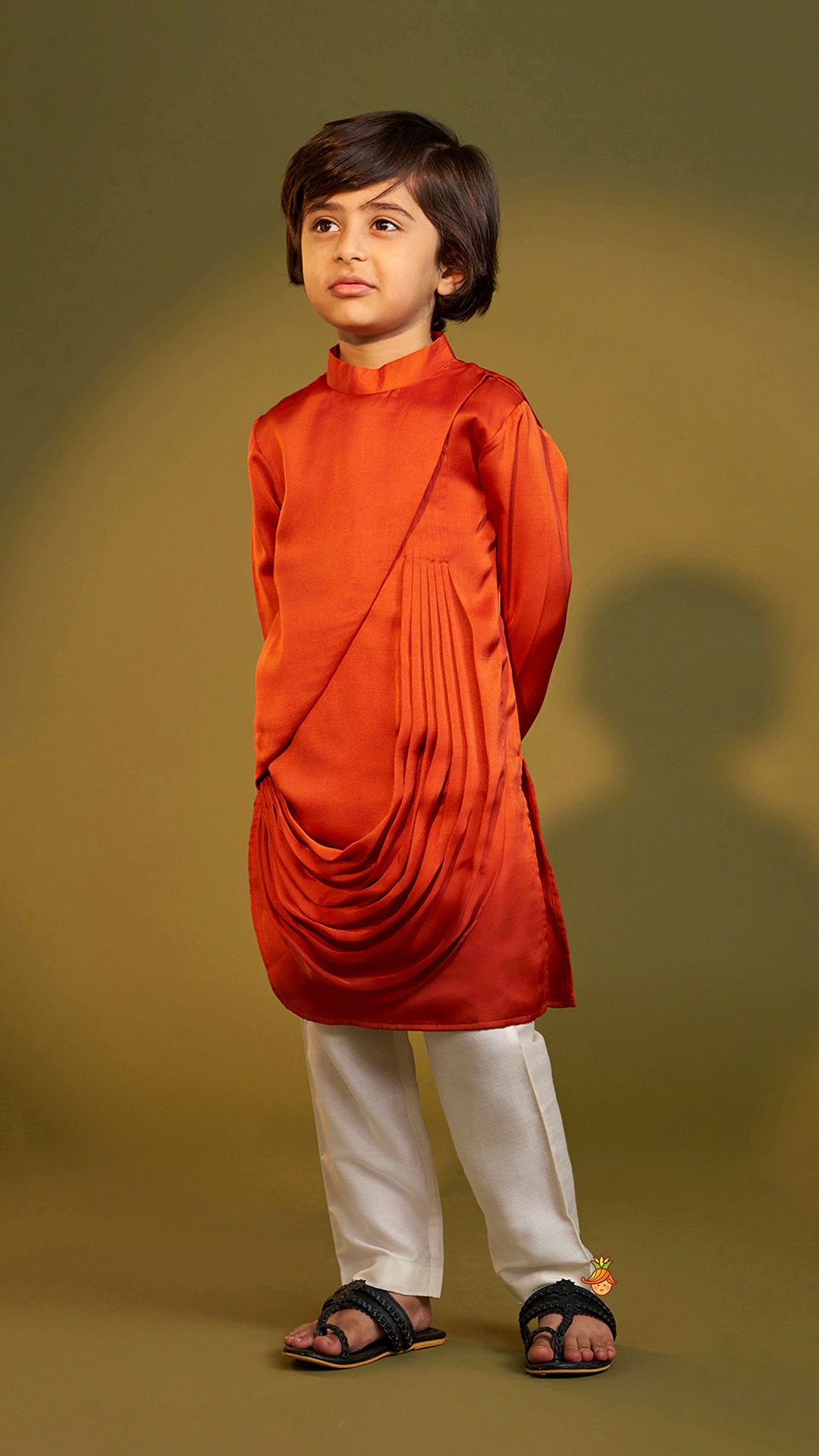 Pre Order: Rust Flap Kurta With Pleated Drape Detailing And Pant