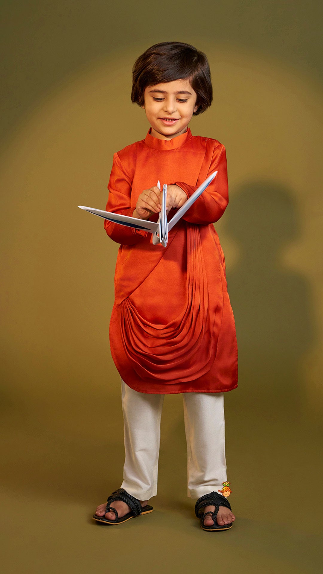 Pre Order: Rust Flap Kurta With Pleated Drape Detailing And Pant