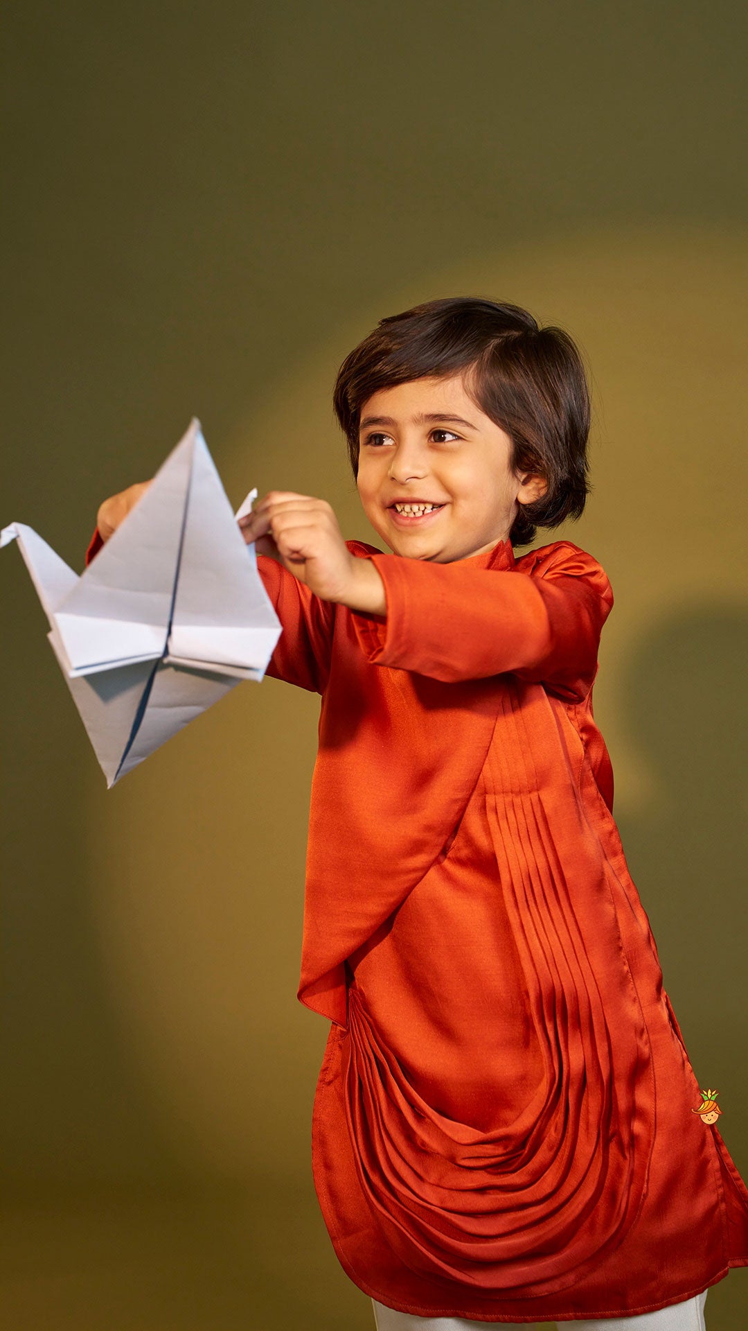 Pre Order: Rust Flap Kurta With Pleated Drape Detailing And Pant