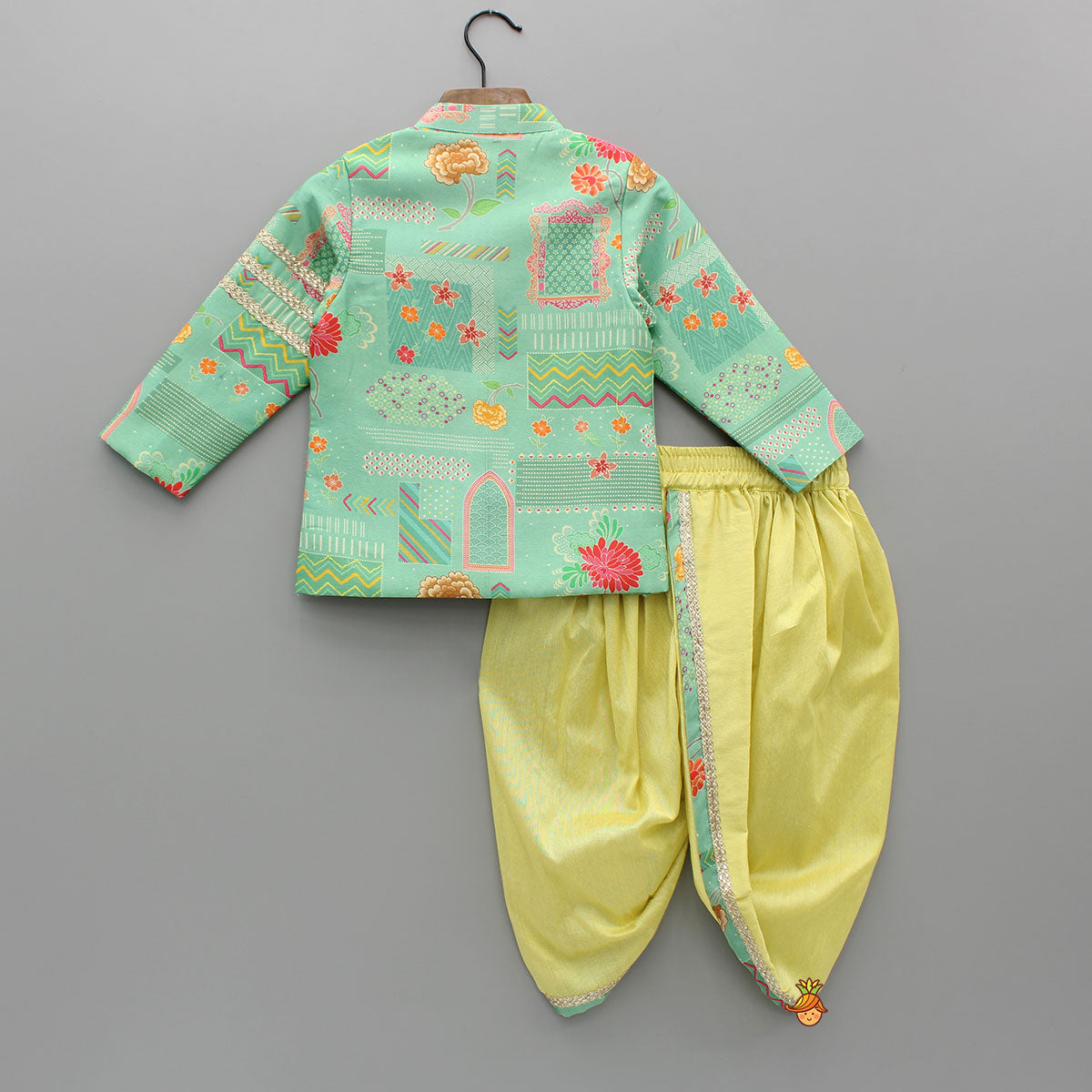 Pre Order: Green Printed Lace Detailed Sherwani And Dhoti
