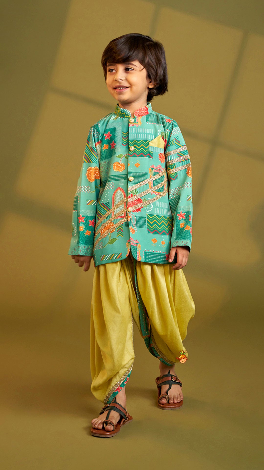 Pre Order: Green Printed Lace Detailed Sherwani And Dhoti