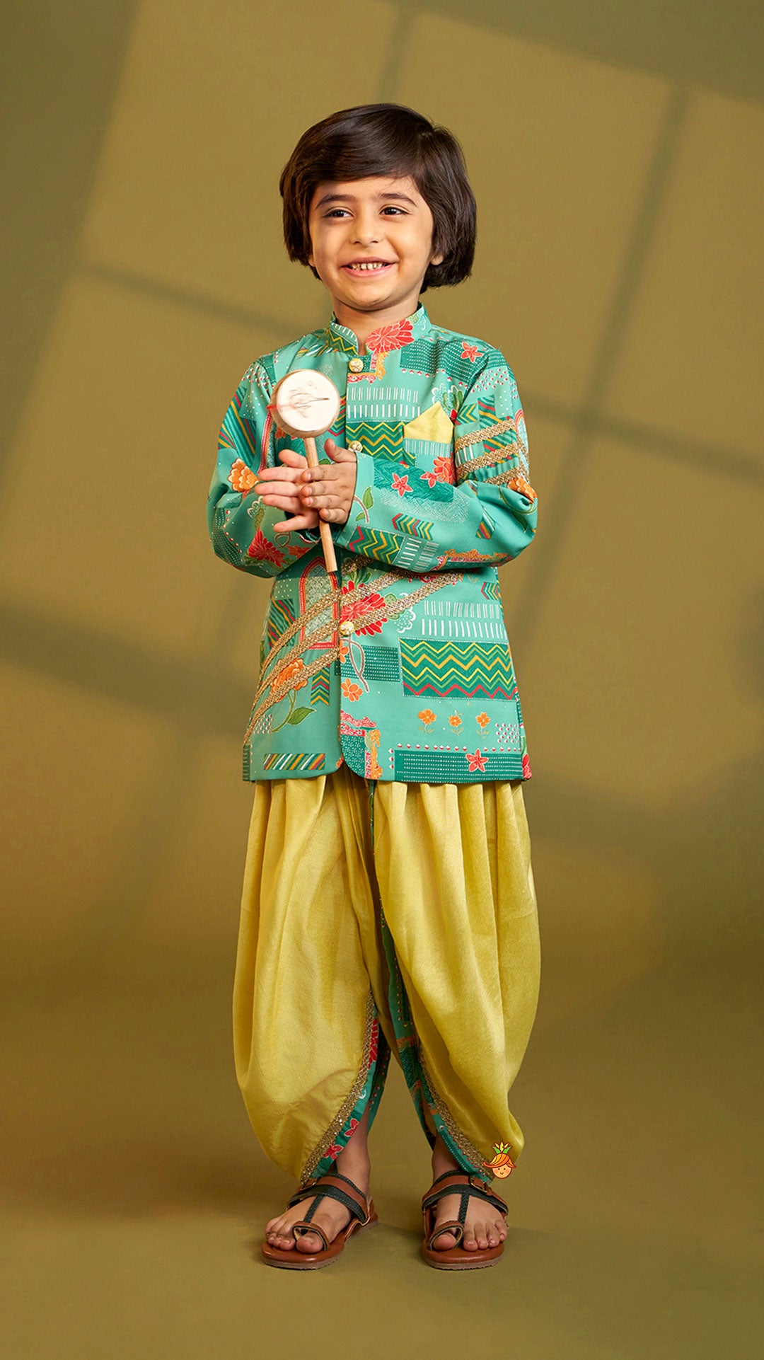 Pre Order: Green Printed Lace Detailed Sherwani And Dhoti