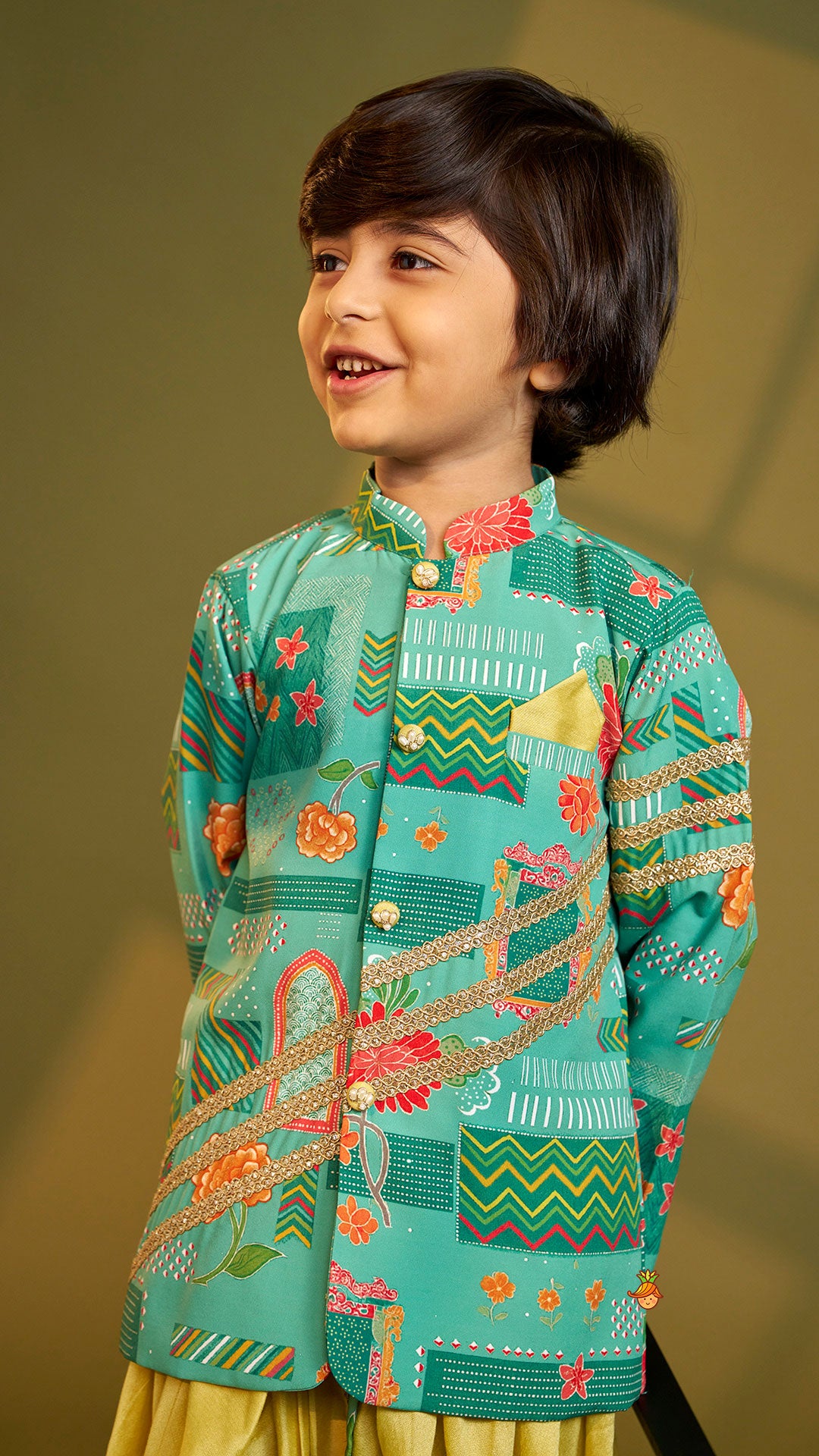 Pre Order: Green Printed Lace Detailed Sherwani And Dhoti