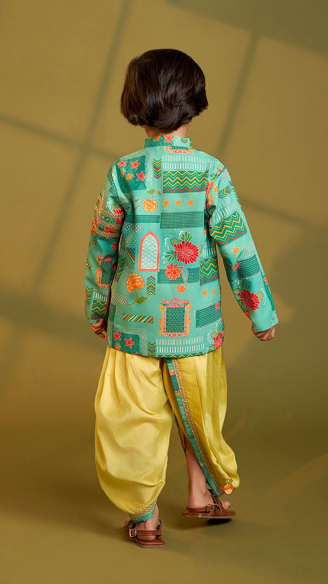 Pre Order: Green Printed Lace Detailed Sherwani And Dhoti