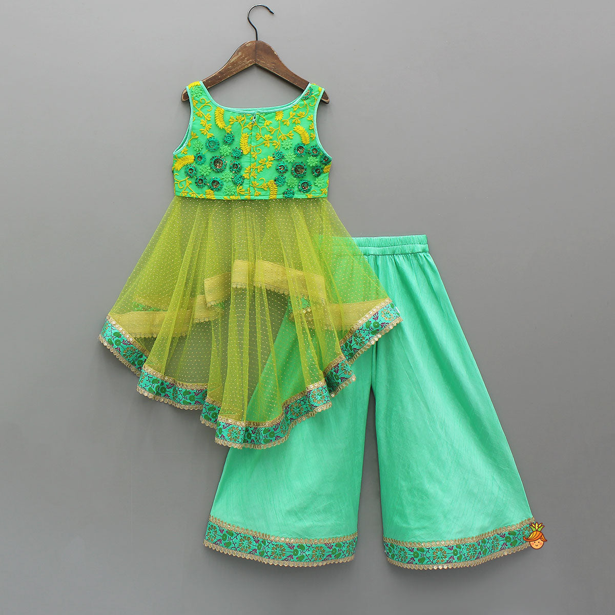 Shimmery High Low Thread Floral Embroidered Kurti And Flared Palazzo