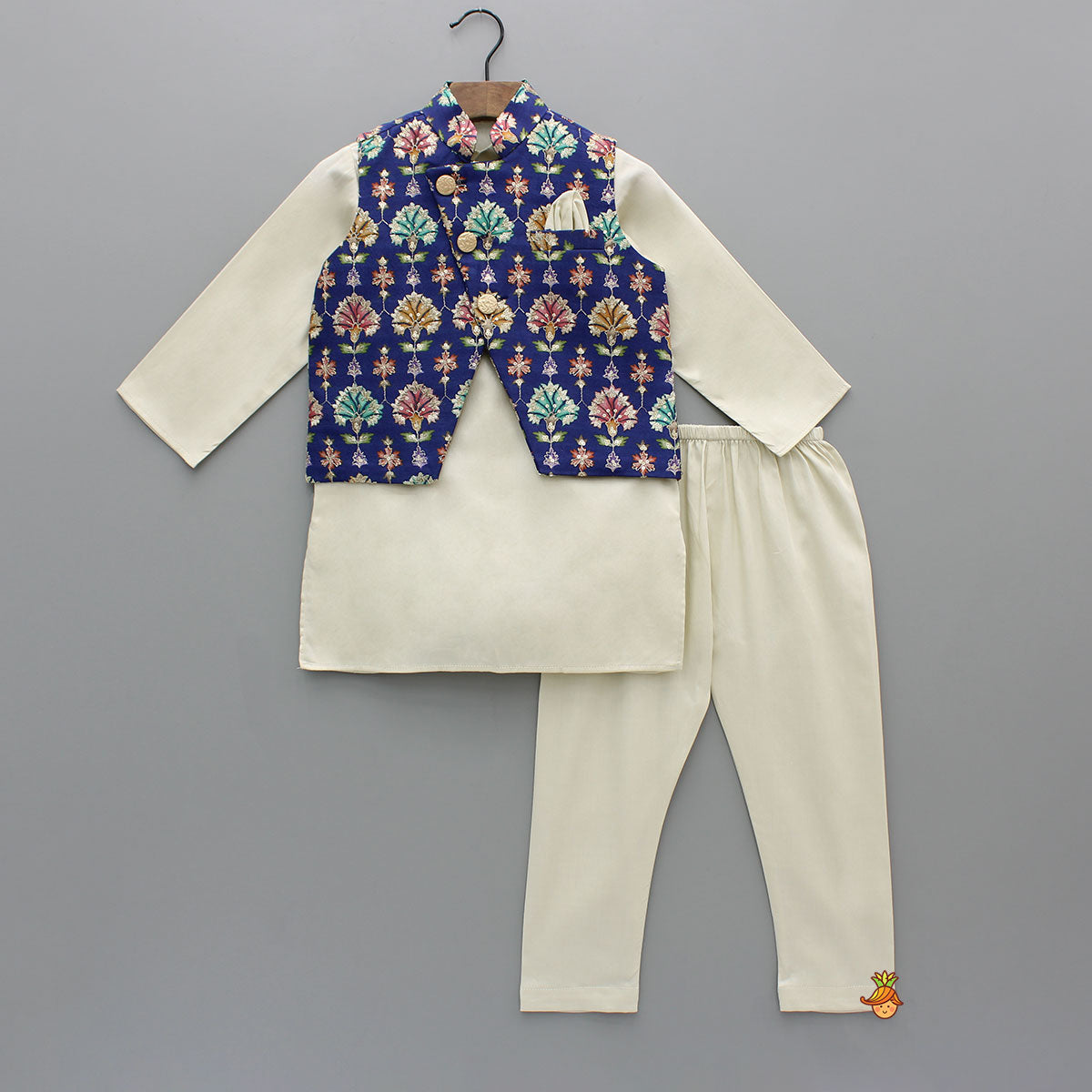 Off White Kurta With Blue Printed Embroidered Jacket And Pyjama