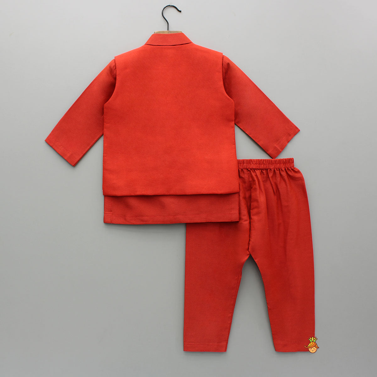 Pre Order: Red Kurta With Embroidered Front Open Jacket And Pyjama