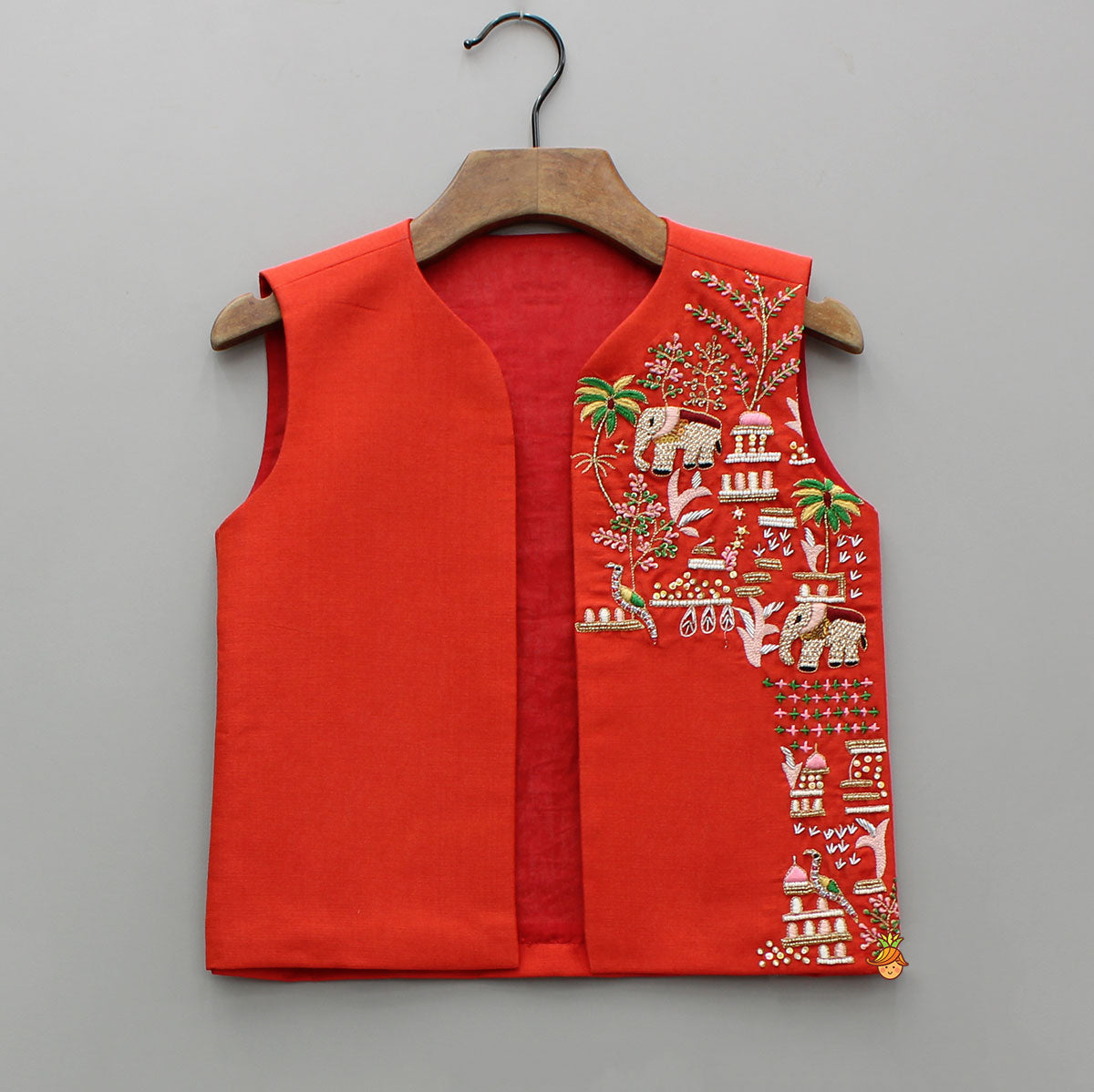 Pre Order: Red Kurta With Embroidered Front Open Jacket And Pyjama