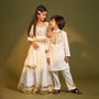 Off White Gota Lace Detailed Top And Lehenga With Dupatta twinning model image 1