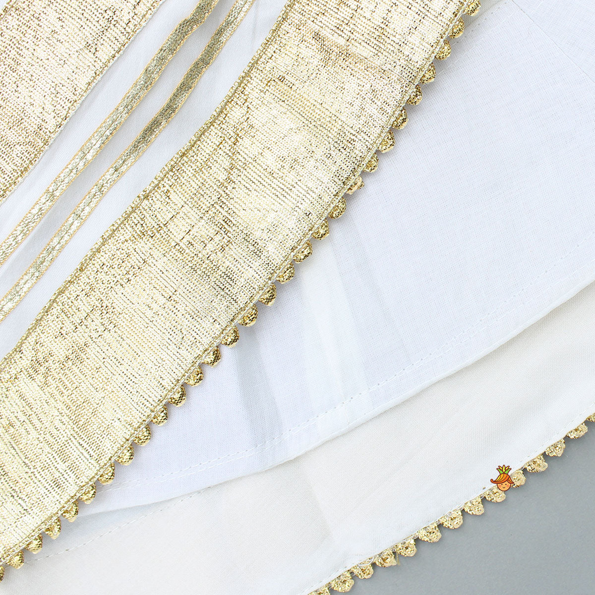 Pre Order: Off White Gota Lace Detailed Top And Lehenga With Dupatta