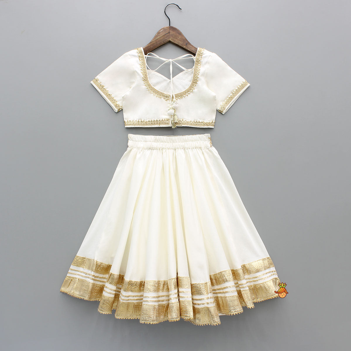 Pre Order: Off White Gota Lace Detailed Top And Lehenga With Dupatta